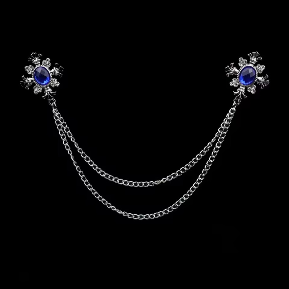 Elegant Silver Chain Brooch with Blue and White Gems